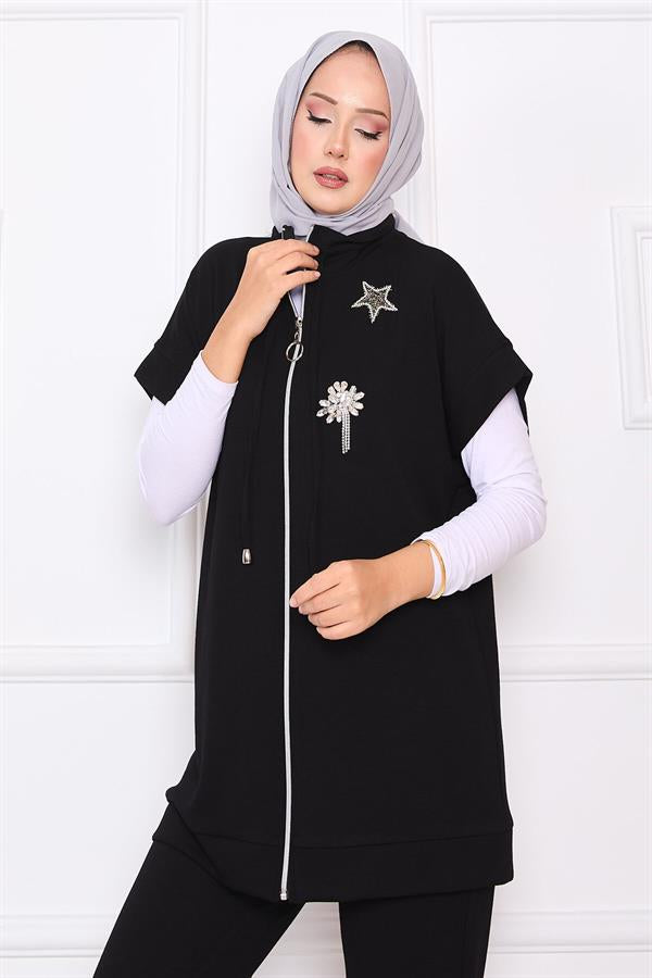Stone Embroidered Zippered Vest Set Black