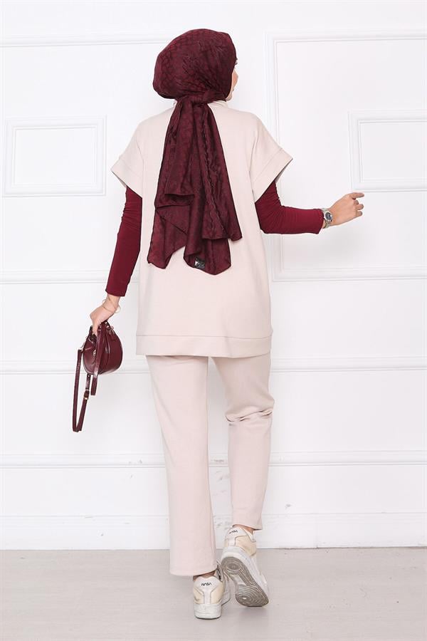 Stone Embroidered Zippered Vest Set Stone