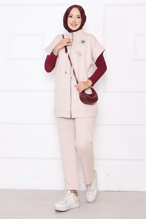 Stone Embroidered Zippered Vest Set Stone
