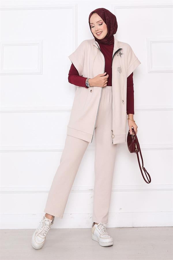 Stone Embroidered Zippered Vest Set Stone