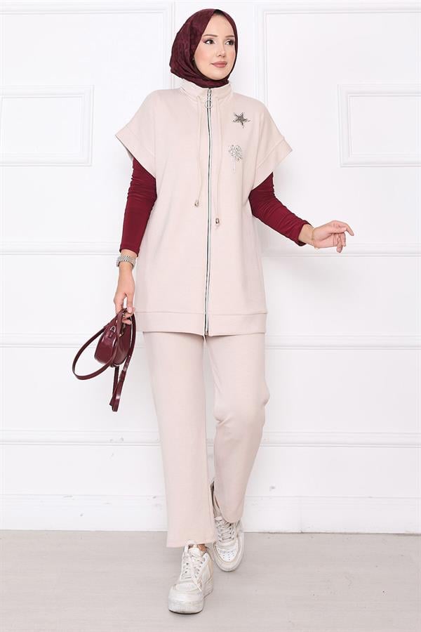 Stone Embroidered Zippered Vest Set Stone
