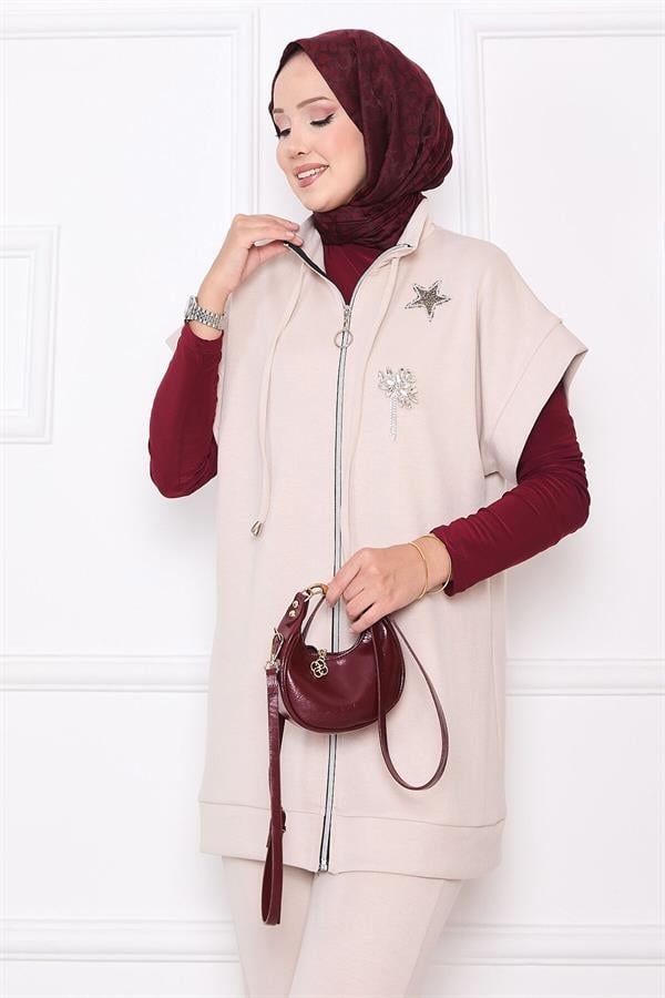 Stone Embroidered Zippered Vest Set Stone