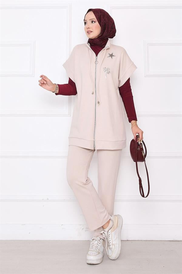 Stone Embroidered Zippered Vest Set Stone