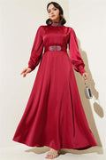 Stone Embroidered Satin Evening Dress Burgundy