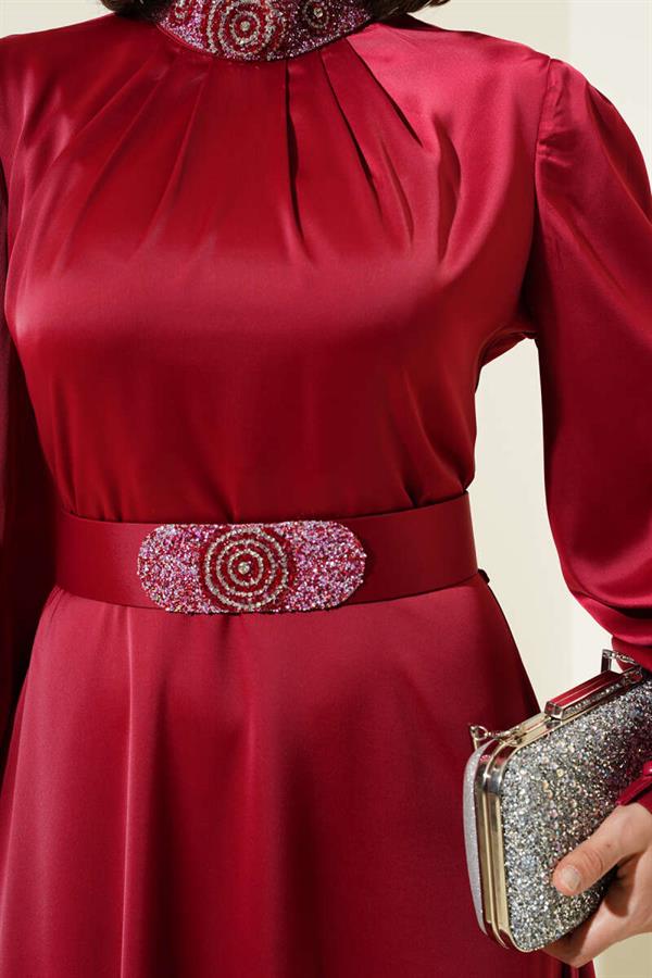 Stone Embroidered Satin Evening Dress Burgundy