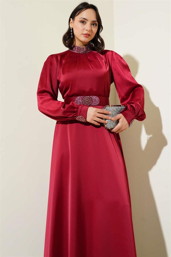 Stone Embroidered Satin Evening Dress Burgundy
