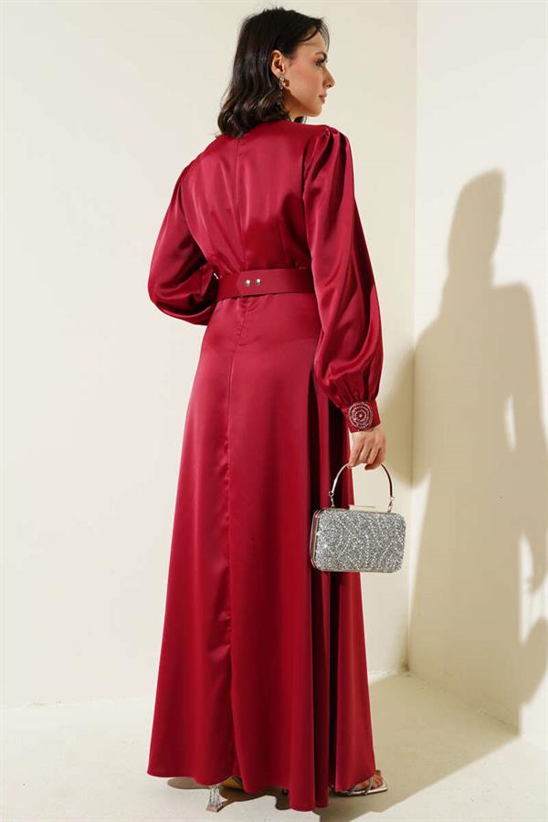 Stone Embroidered Satin Evening Dress Burgundy