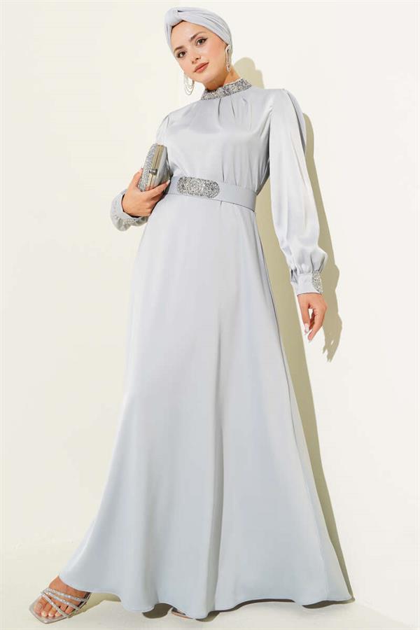Stone Embroidered Satin Evening Dress Gray
