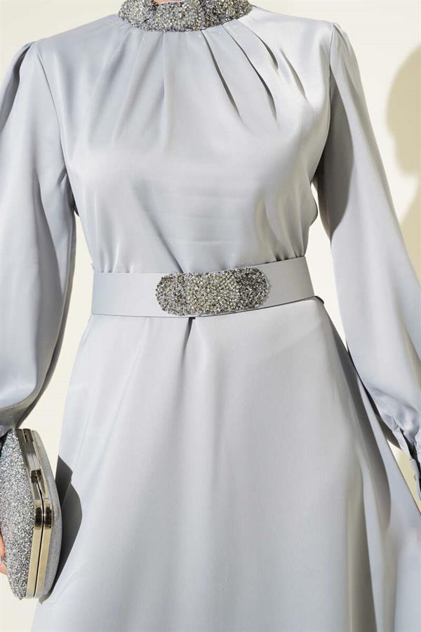 Stone Embroidered Satin Evening Dress Gray