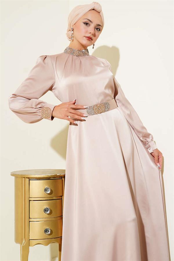 Stone Embroidered Satin Evening Dress Latte