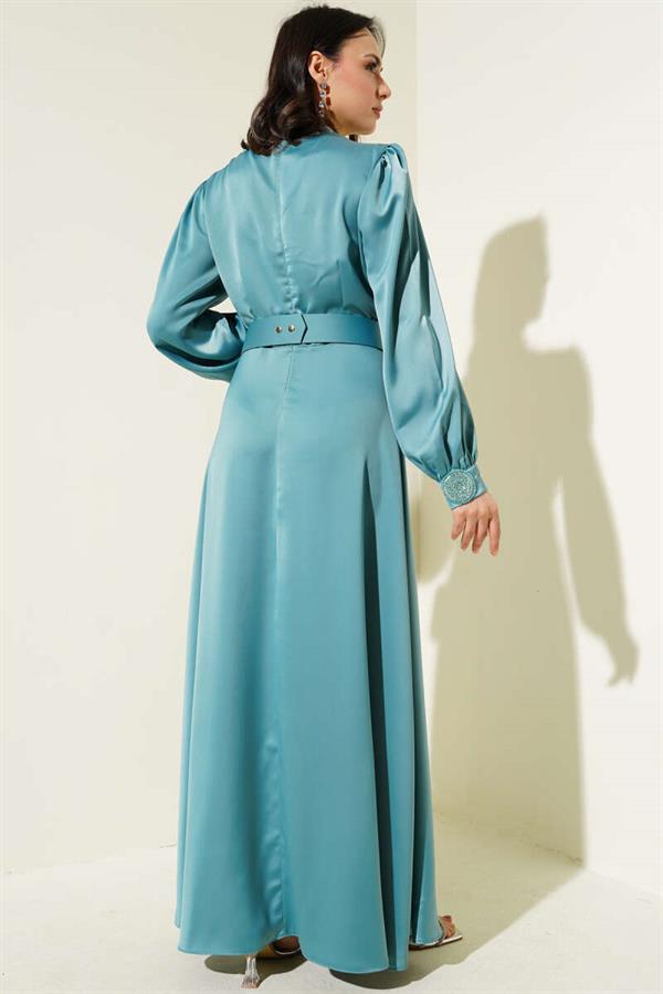Stone Embroidered Satin Evening Dress Mint