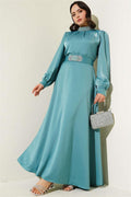 Stone Embroidered Satin Evening Dress Mint