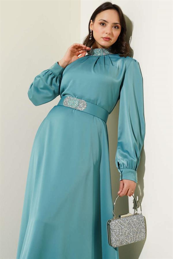 Stone Embroidered Satin Evening Dress Mint