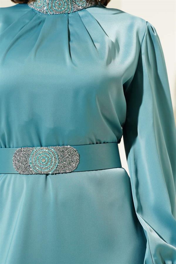 Stone Embroidered Satin Evening Dress Mint