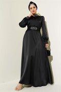 Stone Embroidered Satin Evening Dress Black