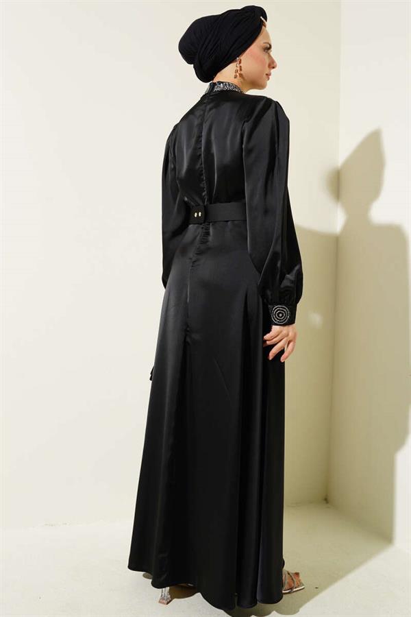 Stone Embroidered Satin Evening Dress Black