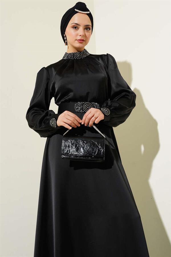 Stone Embroidered Satin Evening Dress Black