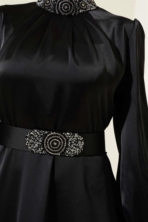 Stone Embroidered Satin Evening Dress Black