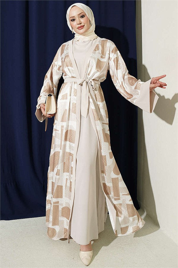 Stone Jacquard Patterned Abaya 2 Piece Set Beige