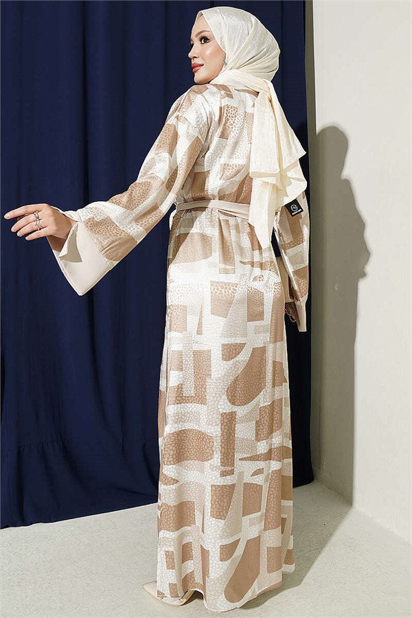 Stone Jacquard Patterned Abaya 2 Piece Set Beige
