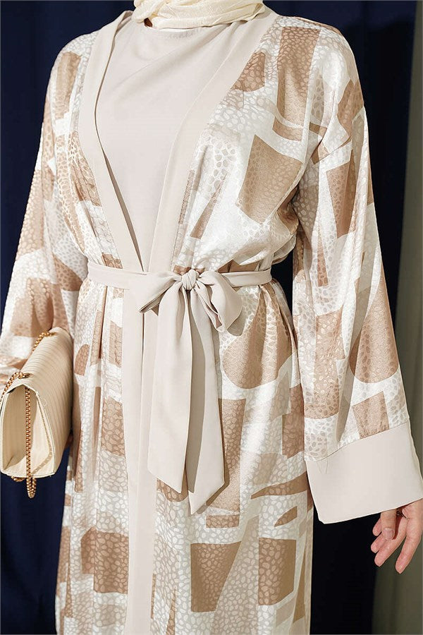 Stone Jacquard Patterned Abaya 2 Piece Set Beige
