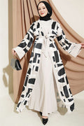 Stone Jacquard Patterned Abaya 2 Piece Set Black