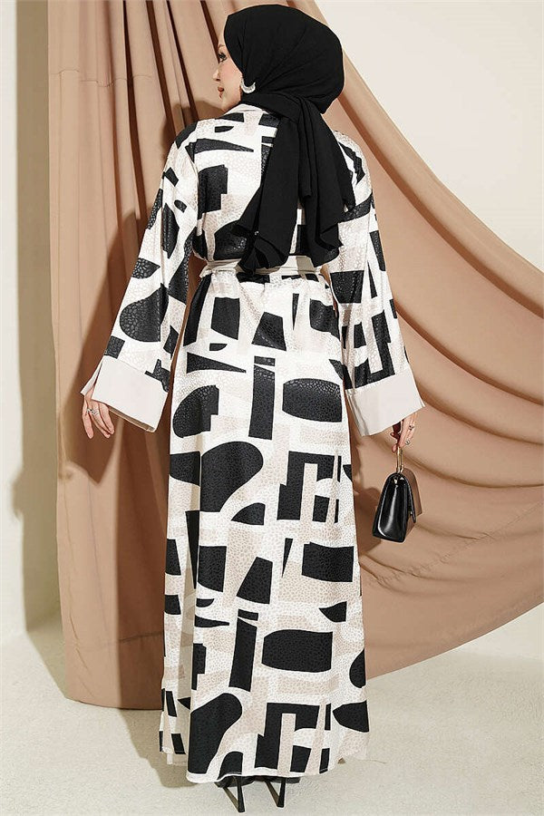 Stone Jacquard Patterned Abaya 2 Piece Set Black