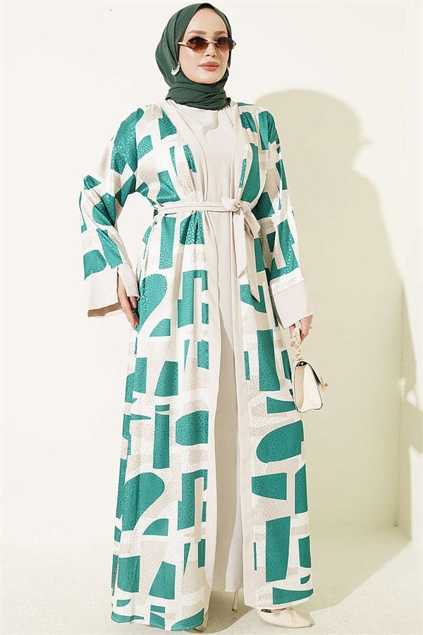 Stone Jacquard Patterned Abaya 2 Piece Set Green