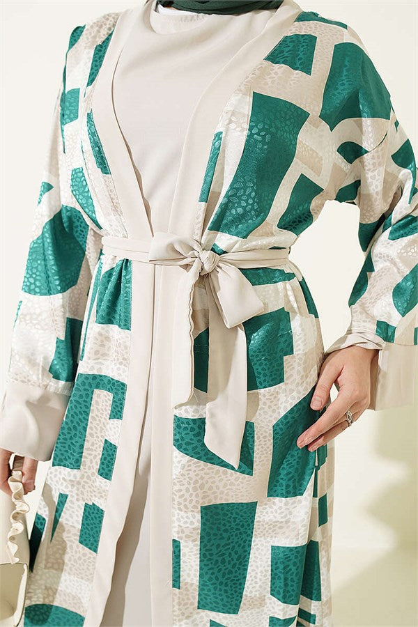 Stone Jacquard Patterned Abaya 2 Piece Set Green