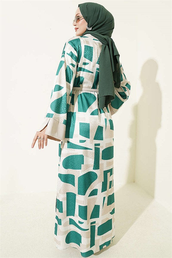Stone Jacquard Patterned Abaya 2 Piece Set Green