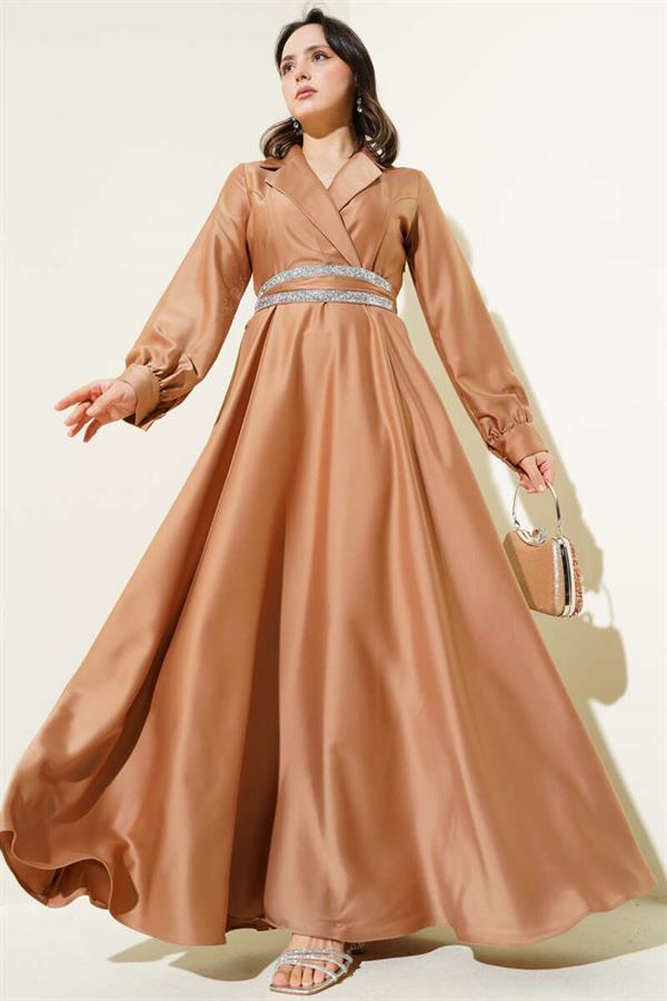Stone Belted Double Breasted Satin Dress Latte