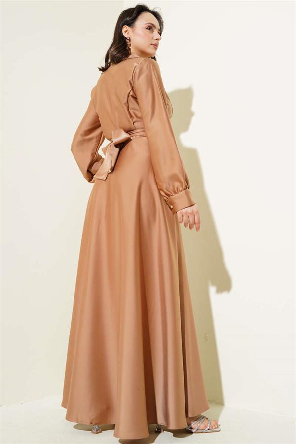Stone Belted Double Breasted Satin Dress Latte