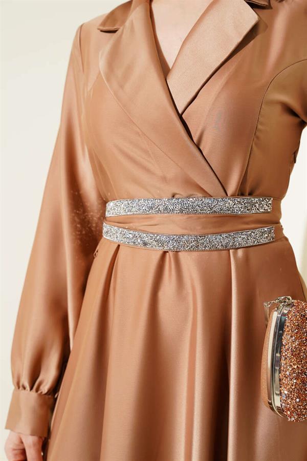 Stone Belted Double Breasted Satin Dress Latte