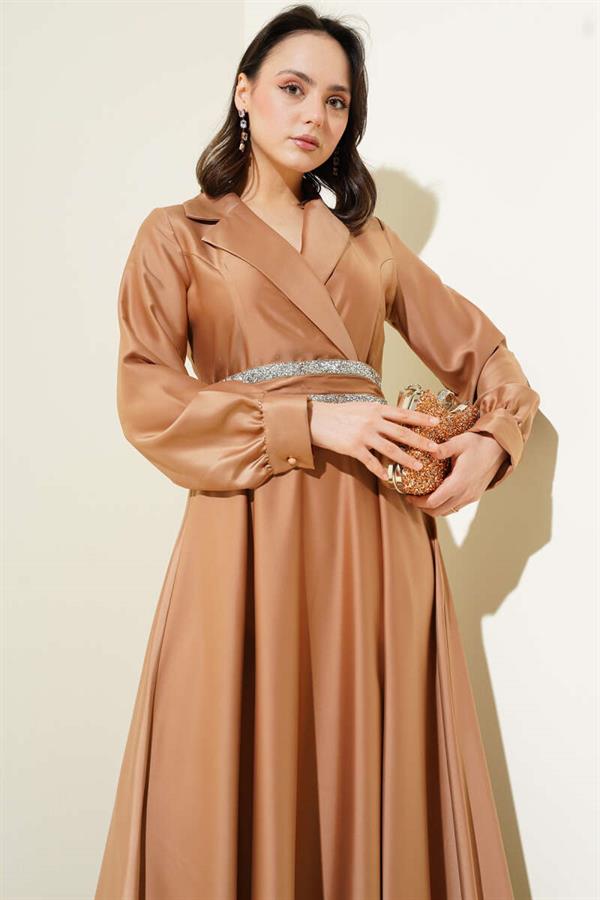 Stone Belted Double Breasted Satin Dress Latte
