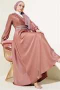 Stone Belted Double Breasted Satin Dress Powder