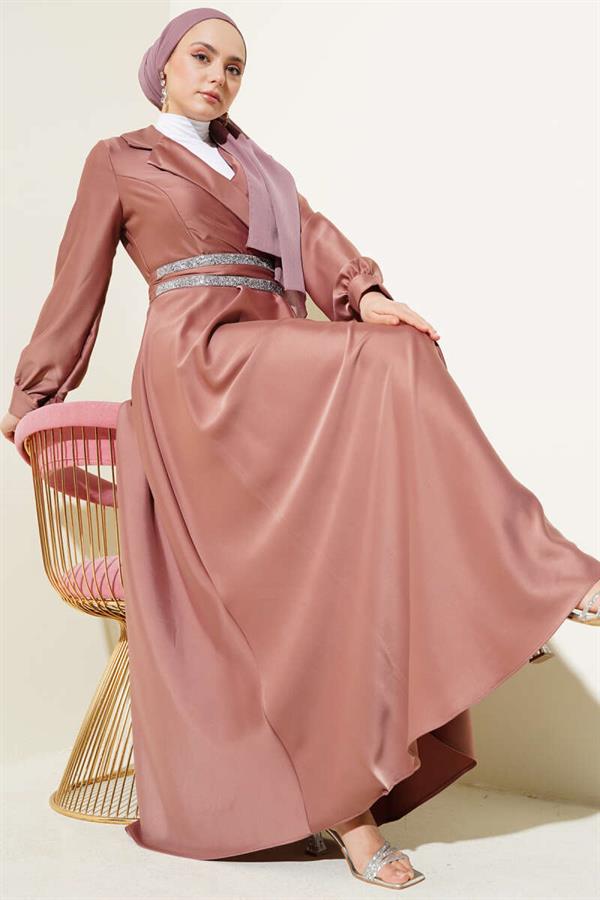 Stone Belted Double Breasted Satin Dress Powder