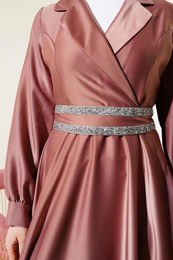 Stone Belted Double Breasted Satin Dress Powder