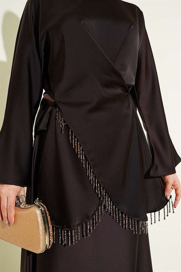 Stone Tassel Satin Skirt 2 Piece Set in Dark Brown