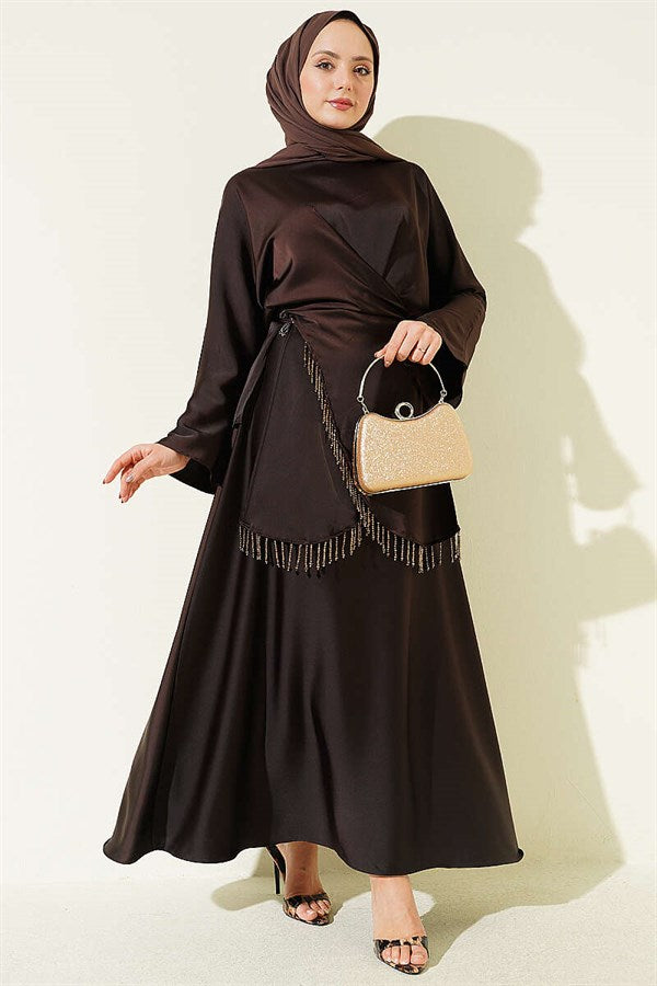 Stone Tassel Satin Skirt 2 Piece Set in Dark Brown