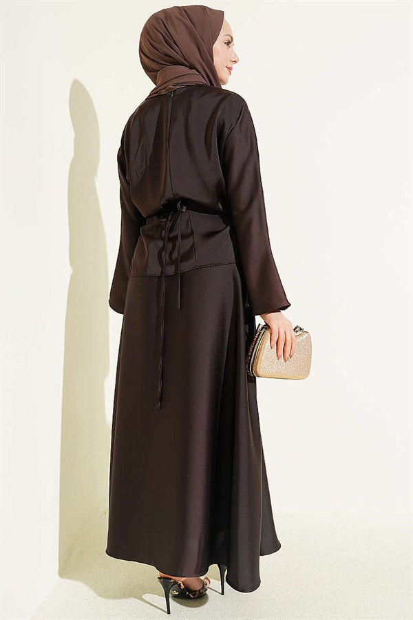 Stone Tassel Satin Skirt 2 Piece Set in Dark Brown