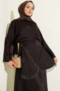 Stone Tassel Satin Skirt 2 Piece Set in Dark Brown