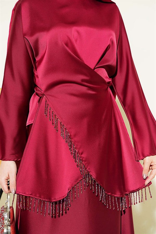 Stone Tassel Satin Skirt 2 Piece Set in Burgundy