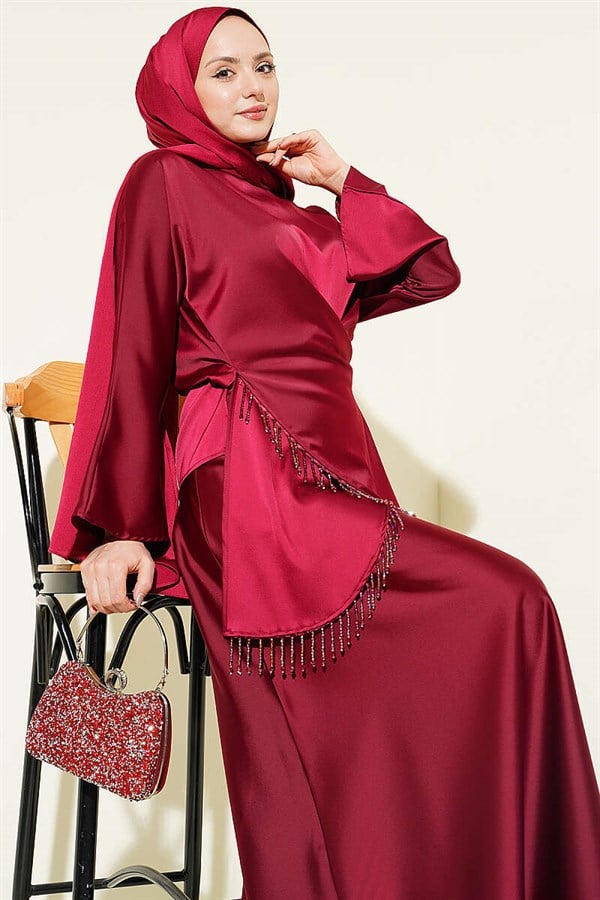 Stone Tassel Satin Skirt 2 Piece Set in Burgundy