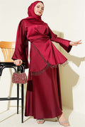 Stone Tassel Satin Skirt 2 Piece Set in Burgundy