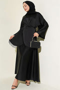 Stone Tassel Satin Skirt 2 Piece Set, Black