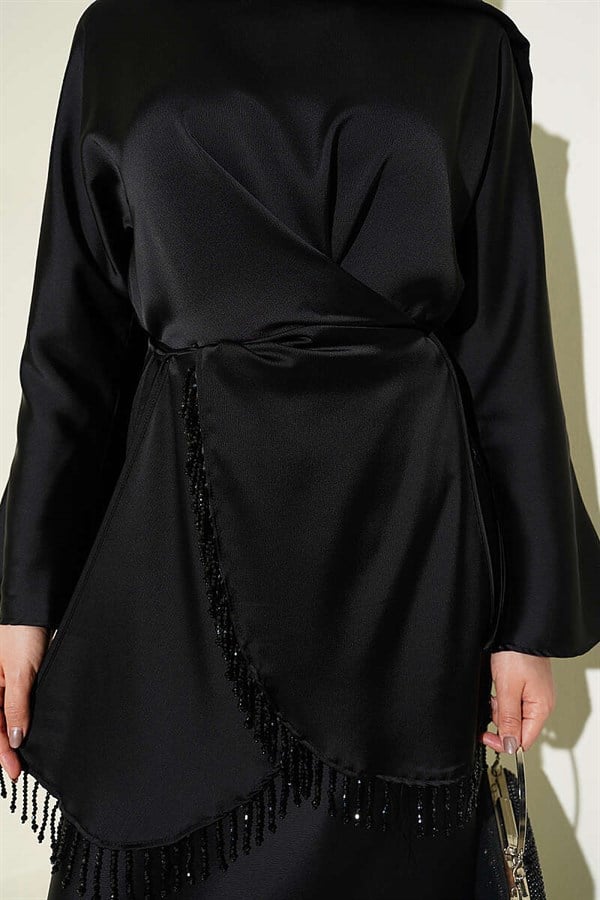 Stone Tassel Satin Skirt 2 Piece Set, Black