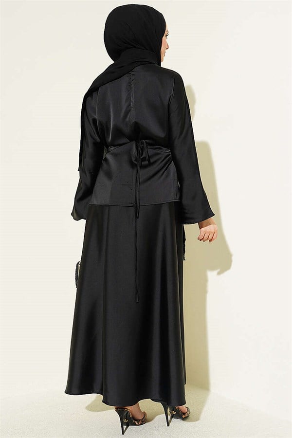Stone Tassel Satin Skirt 2 Piece Set, Black
