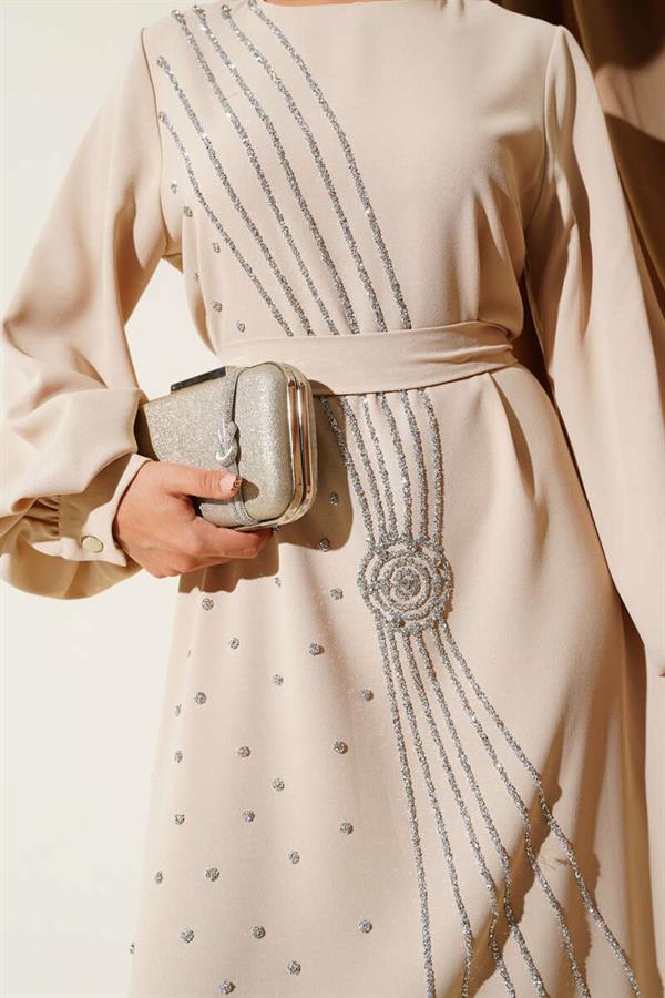 Stone Stripe Transitional Belted Evening Dress Beige