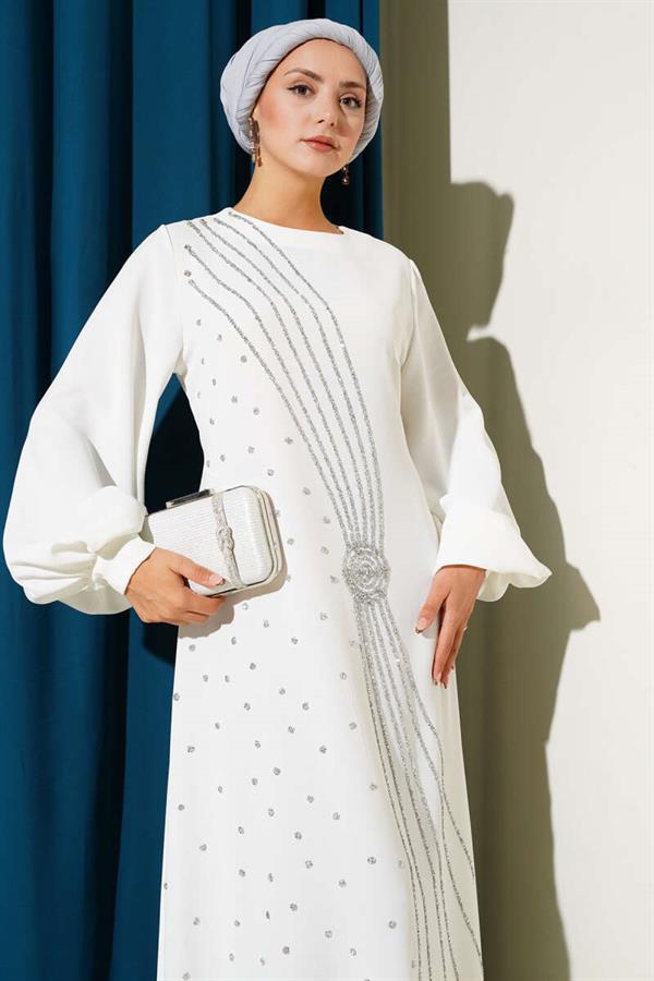 Stone Stripe Transitional Belted Evening Dress White