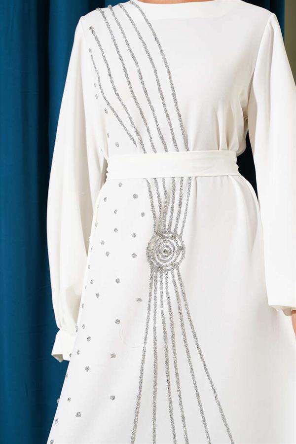 Stone Stripe Transitional Belted Evening Dress White